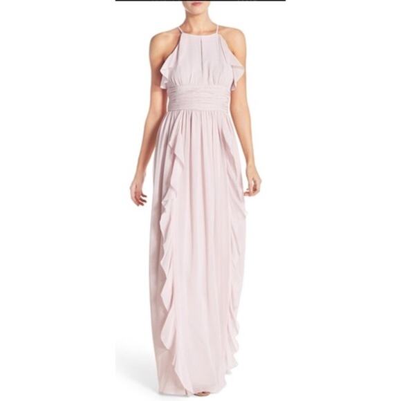 New Donna Morgan Skye Ruffles Cutaway Halter Pink Gown Women's Size 18 - Picture 2 of 16